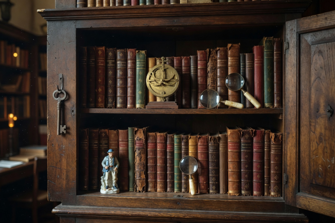 Antwerp antique book and vintage artifact collection displayed in wooden cabinet