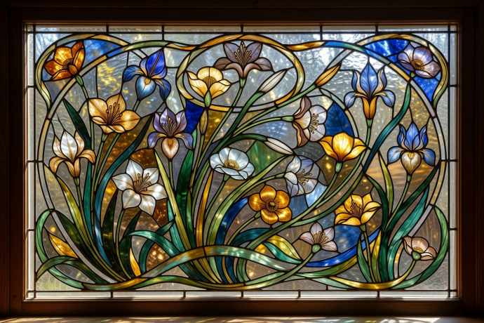 Art Nouveau decorative stained glass window with organic floral motifs