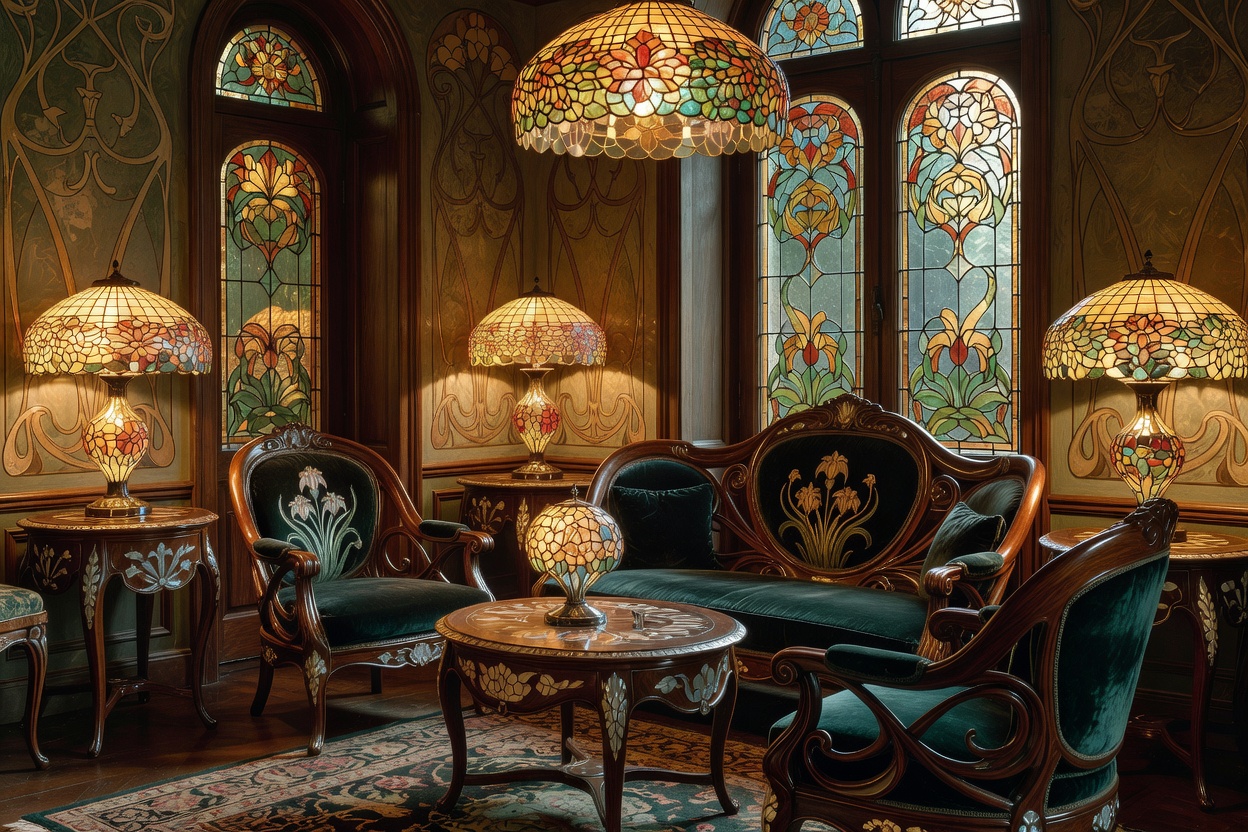 Belgian antique interior showcasing decorative Art Nouveau furniture and stained glass lamps