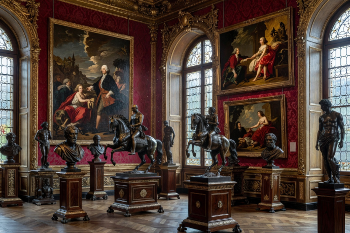 Ornate vintage antique gallery showing classic European painting and bronze sculptures